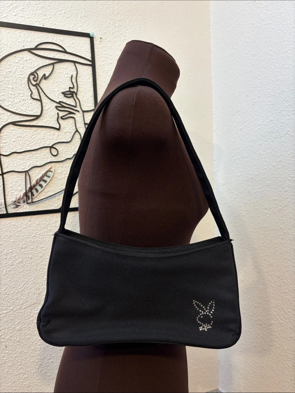 Vintage Y2K Playboy Black Hand Bag with Crystal Bunny Accent. - Picture 4 of 17